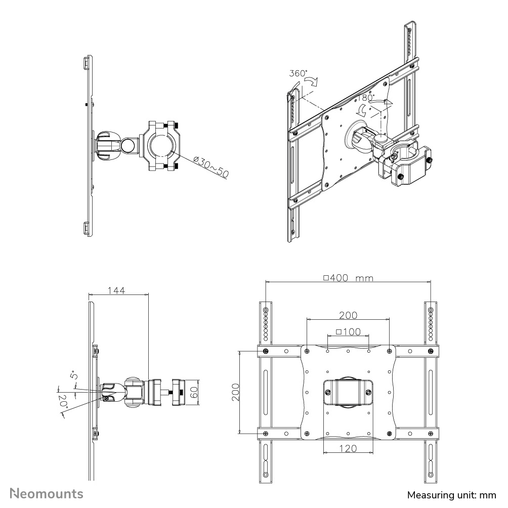 Neomounts FPMA-WP440BLACK Support colonne pour écran 23-52" - diam. 30-50 mm - orientable